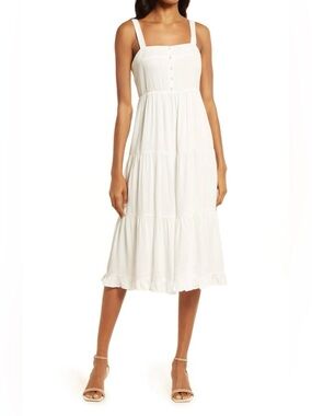 NEW Treasure & Bond White Tiered Square-Neck Sleeveless Pipping DetailMidi Dress